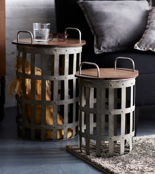 Rustic Metal and Wood Side Basket Table (Set of 2)