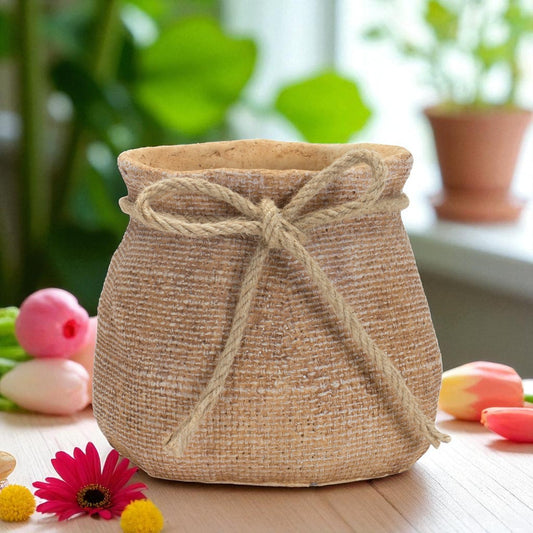 Stone Planter with Burlap Bag
