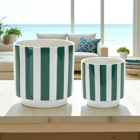 Green & White Coastal Stripe Planters