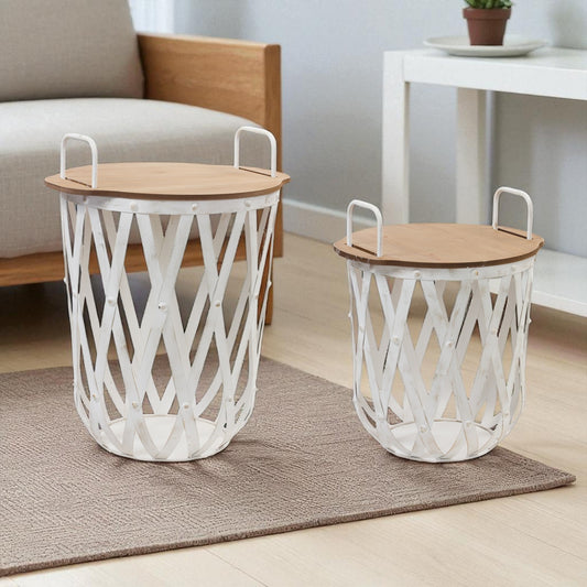 White Washed Metal and Wood Basket Side Table (Set of 2)